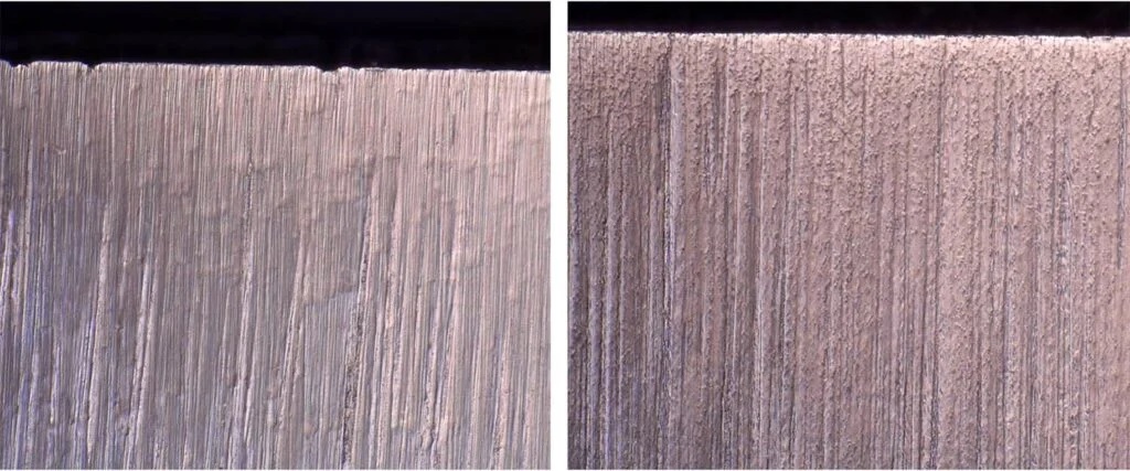 A microscopic view of the gaps in a knife blade left behind after carbides fall out. The edge on the left shows larger gaps and is a conventionally cast blade. The edge on the right is that of a knife made from powdered metal.